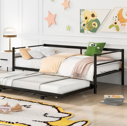 Double Metal Sofa Bed With Adjustable Wheels, Pop-up Wheels, Black