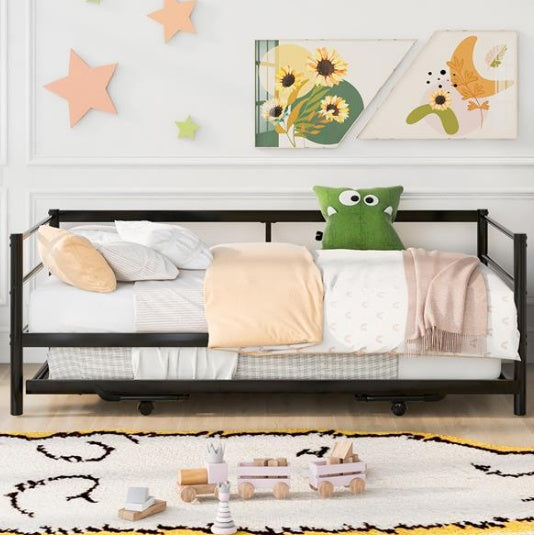 Double Metal Sofa Bed With Adjustable Wheels, Pop-up Wheels, Black