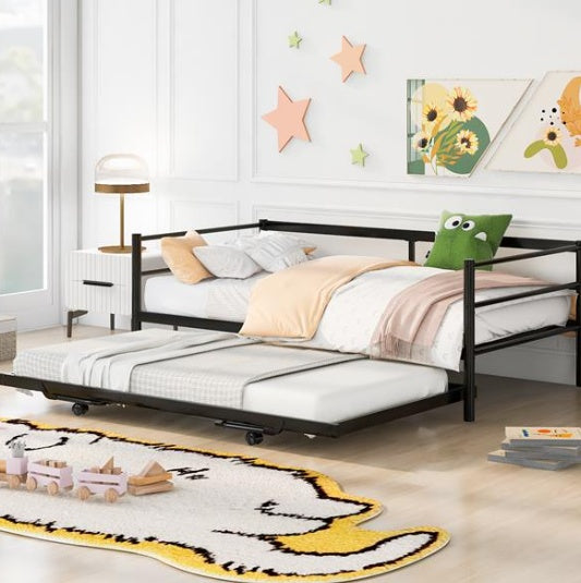 Double Metal Sofa Bed With Adjustable Wheels, Pop-up Wheels, Black