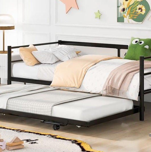 Double Metal Sofa Bed With Adjustable Wheels, Pop-up Wheels, Black