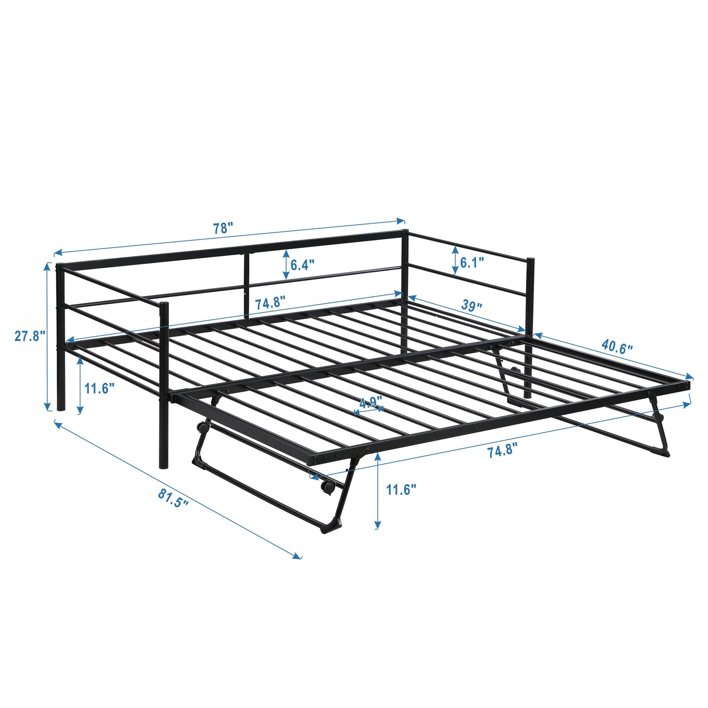 Double Metal Sofa Bed With Adjustable Wheels, Pop-up Wheels, Black