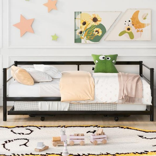 Double Metal Sofa Bed With Adjustable Wheels, Pop-up Wheels, Black