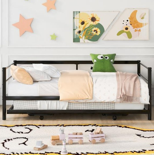 Double Metal Sofa Bed With Adjustable Wheels, Pop-up Wheels, Black