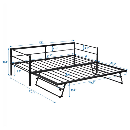 Double Metal Sofa Bed With Adjustable Wheels, Pop-up Wheels, Black